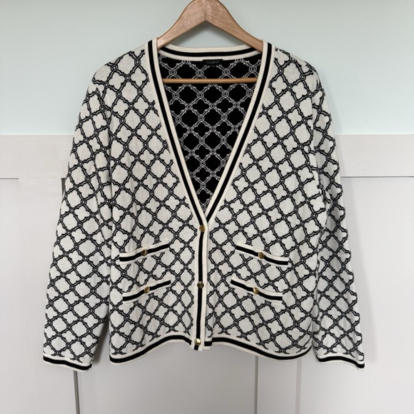 Talbots Sweaters - Talbots V-Neck Cardigan Lattice Jacquard XL Black Off White Career Casual Preppy